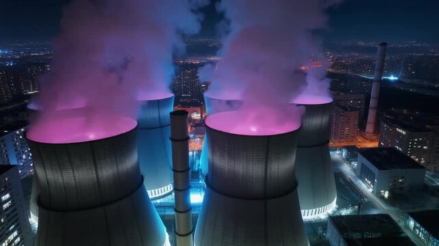 Drone Flyover of Gigantic Cyberpunk Cooling Tower Complex