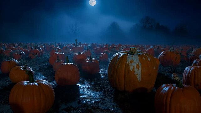 Foggy Pumpkin Patch at Midnight