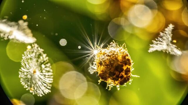 Microscopic view of pollen grains with vibrant colors and intricate details.
