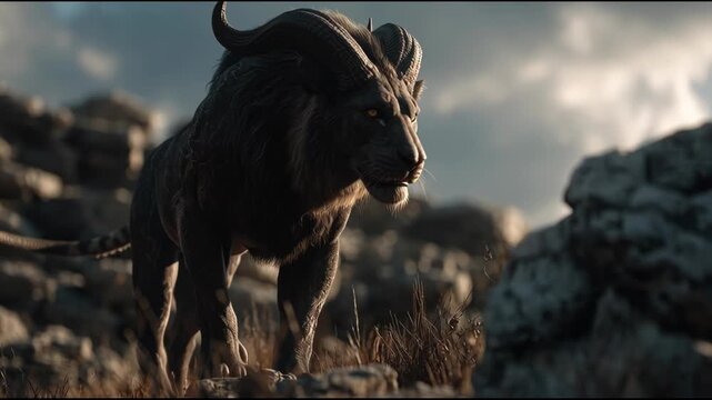Majestic Wild Beast Roaming Rocky Terrain Under Dramatic Sky.
