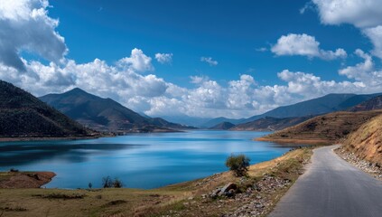 Obraz premium A scenic panoramic shot of a mountain lake, a road leads toward it under a cloudy sky. The landscape features hills and foliage