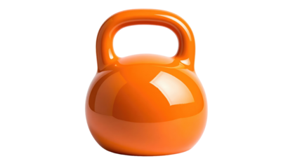 A vibrant, glossy orange kettlebell isolated on a black background, suggesting fitness, strength training, and workout routines