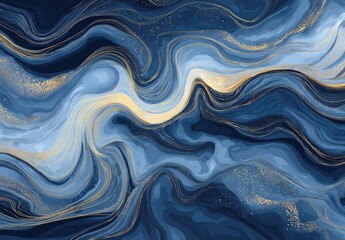 Obraz premium An abstract design showcases flowing, watercolor-like blue and gold waves. The elegant swirls create a luxurious, marbled effect