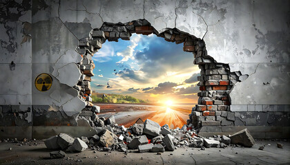 壊れた壁の穴から差し込む希望の朝日。Sunrise of Hope Through a Broken Wall.
