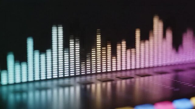 An abstract graphic equalizer displays pulsing lights in vibrant colors against a dark background