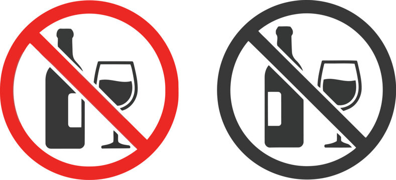 No alcohol sign set: prohibition symbol, alcohol free zone and restricted drinking icon