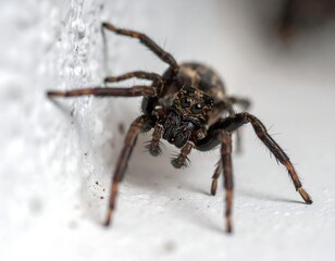 Fototapeta premium Close-up macro photograph of a dark spider with eight legs, front view
