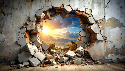 Sunrise of Hope Through a Broken Wall.