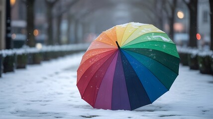 Obraz premium Rainbow umbrella under heavy snow in park. World meteorological day