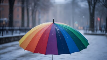 Obraz premium Rainbow umbrella under heavy snow in park. World meteorological day