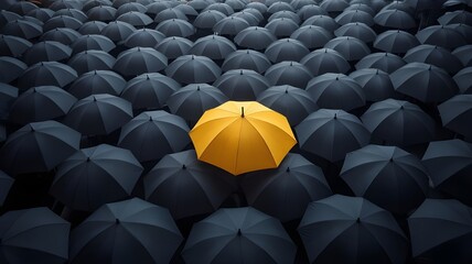 Obraz premium Yellow umbrella among black umbrellas for fresh perspective World Meteorological Day.