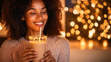 Smiling woman enjoying a warm beverage at night.