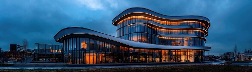 Modern architectural design of a contemporary building at twilight.