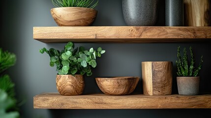 Wooden shelves adorned with plants and bowls.