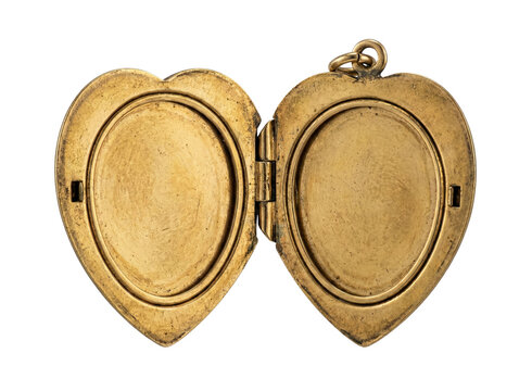 Gold heart locket pendant open isolated. Vintage photo frame jewelry.