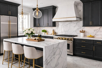 Modern luxury kitchen with marble island, black cabinetry and gold hardware, bright elegant interior combining contemporary design and classic style elements.