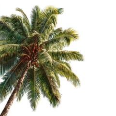Obraz premium Close-up of a lush, vibrant palm tree with green fronds and a brown trunk against a white backdrop, appearing in sunny light