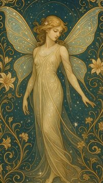 Elegant fairy in flowing gown with intricate wings, surrounded by floral patterns. Art Nouveau style, captured from a frontal angle, ideal for fantasy video themes. Live mobile wallpaper.