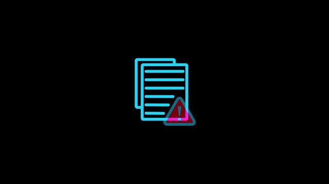 Cyan outline of stacked documents with a pink and blue warning triangle indicating an error or alert on a solid black background with a glitch effect. Keywords: document error symbol, warning sign