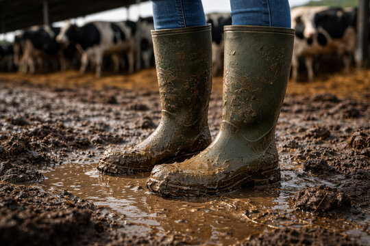 Rubber boots standing in mud on a farm with cows in the background. Concept of agriculture, livestock farming, rural work, hard labor, sustainability and countryside life.