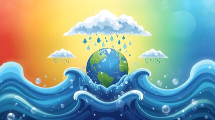 A flat illustration for World Meteorological Day, featuring a globe with weather icons like sun, clouds, raindrops, and lightning surrounding it