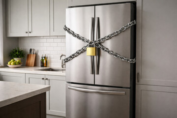 Refrigerator locked with chain and padlock in a modern kitchen. Concept of diet, self control, food restriction, healthy lifestyle, discipline and weight loss motivation.
