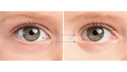 Detailed white background image of two childrens eyes comparison with label callouts emphasizing differences between healthy eye positioning and subtle strabismic deviation.