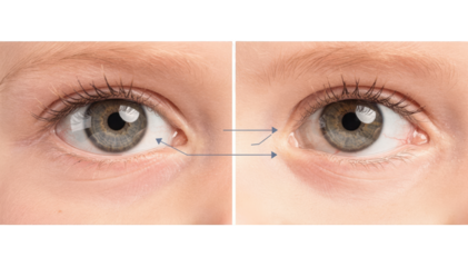 Detailed white background image of two childrens eyes comparison with label callouts emphasizing differences between healthy eye positioning and subtle strabismic deviation.