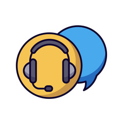 A yellow circle with a headset and microphone, next to a blue speech bubble, representing customer support.