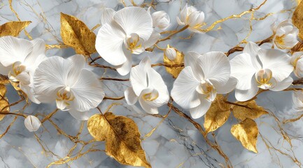 Close-up of white, delicate flowers with golden accents on grey veined background. The blooms are elegant