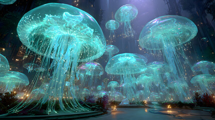 Futuristic underwater data center with bioluminescent fiber optics and teal lighting