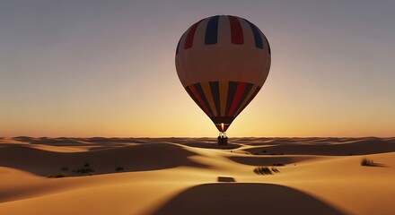 Obraz premium A hot air balloon with red, white, and blue stripes floats over golden desert dunes during a beautiful sunrise or sunset, casting a long shadow.