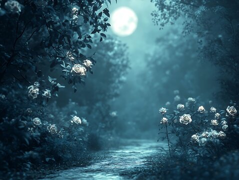 Ethereal moonlit stroll through a whimsical garden filled with enchanting white roses
