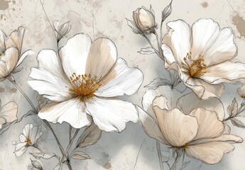 Close-up view depicts several large, open blooms and budding flowers, rendered with a soft, muted color palette and sketch-like details