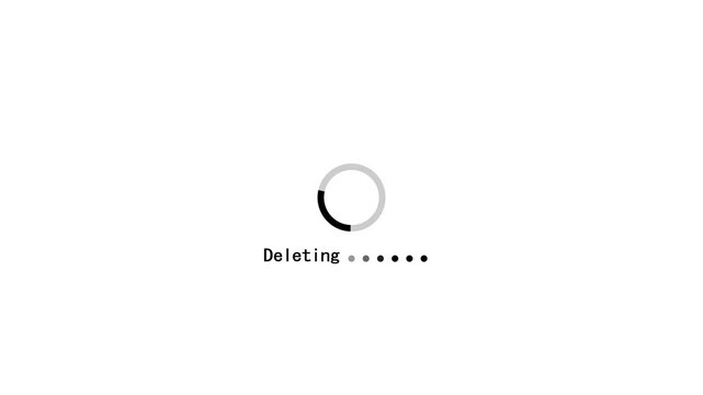 A circular loading spinner with a dark segment and light grey segments, accompanied by the word Deleting" and a series of fading dots on a white background. Keywords: loading spinner, progress