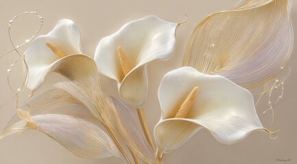 Close-up view of delicate white calla lilies and petals with gold highlights and pearl accents on a neutral background