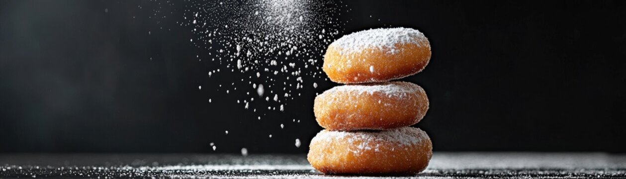 Stack of sugared donuts with powdered sugar falling.