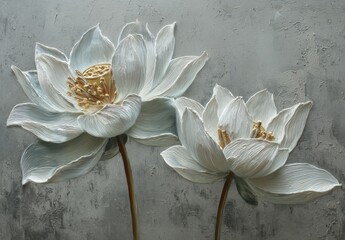 Close-up view of two white, intricately sculpted lotus flowers against a textured, grey background. Realistic details enhance their beauty