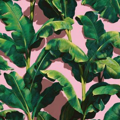 Close-up view of vibrant green banana leaves, overlapping and casting shadows on a pale pink backdrop. Botanical theme