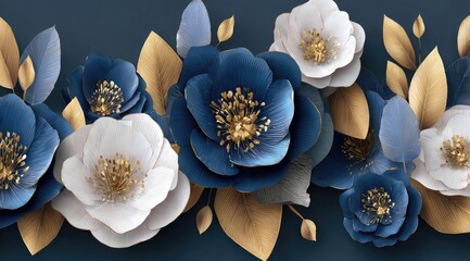 Decorative floral arrangement featuring stylized blooms in shades of blue and white, accented with gold foliage, set against a dark background