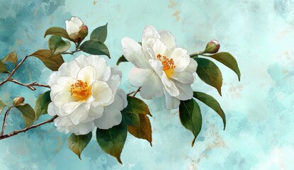 Delicate, soft focus close-up features two fully bloomed white flowers, buds, and green leaves on a thin, brown stem set against a pale, textured blue-green backdrop