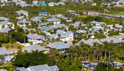 Boca Grande, Florida. View from above of large residential homes. American houses in rural US suburbs