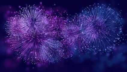 Digitally created illustration of vibrant fireworks exploding in a dark, starry night sky. The display has shades of purple and blue
