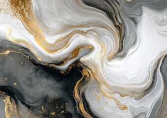 Elegant abstract art showcasing flowing textures in grayscale with gold accents, resembling marble or liquid swirls
