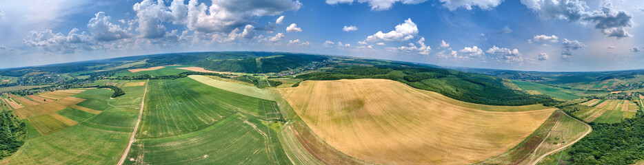 Aerial landscape view of green and yellow cultivated agricultural fields with growing crops on bright summer day