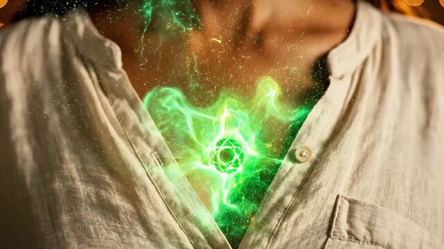 A person's chest with an unbuttoned shirt revealing a glowing green symbol on their skin