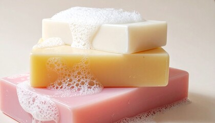 Stacked bars of natural artisan soap with abundant foam and suds for hygiene
