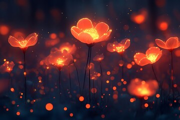 Glowing ethereal flowers blossoming in a field of mystic lights and shadows