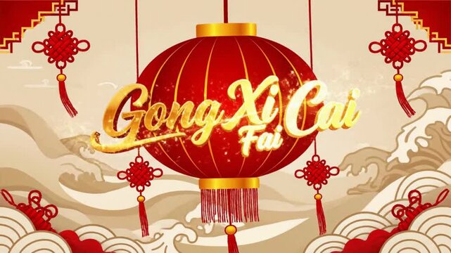 Gong xi cai fai chinese new year greeting with red lantern and traditional knots hanging over golden wave background and sparkle motion