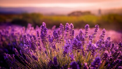 Fototapeta premium Close Up Of Lavender Bushes Under Evening Light Floral Textures Suitable For Background Or Layout Design